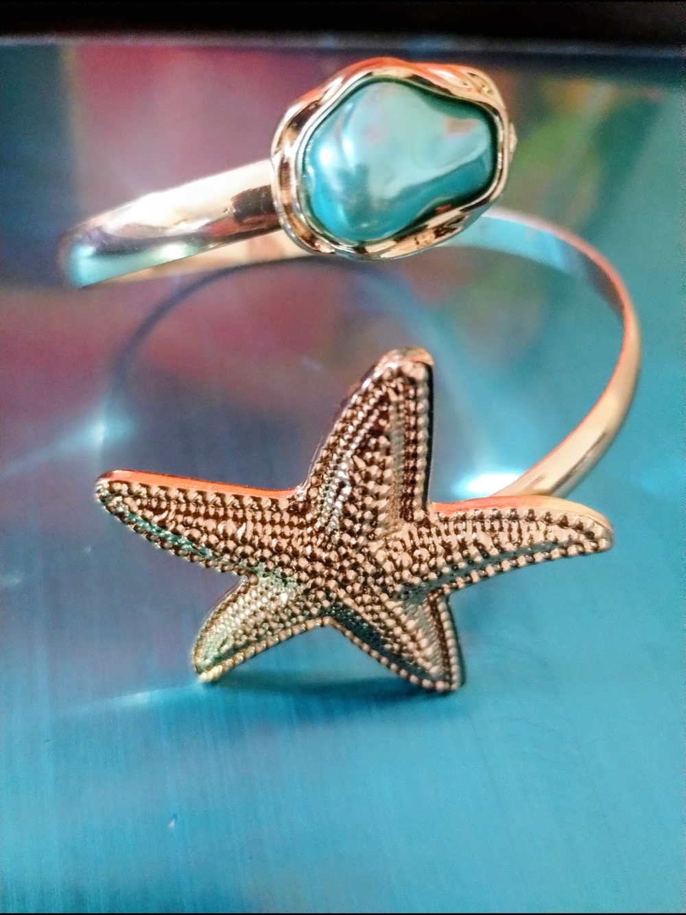 Gold Starfish Cuff Bracelet with Turquoise Stone🌷🌷🌷